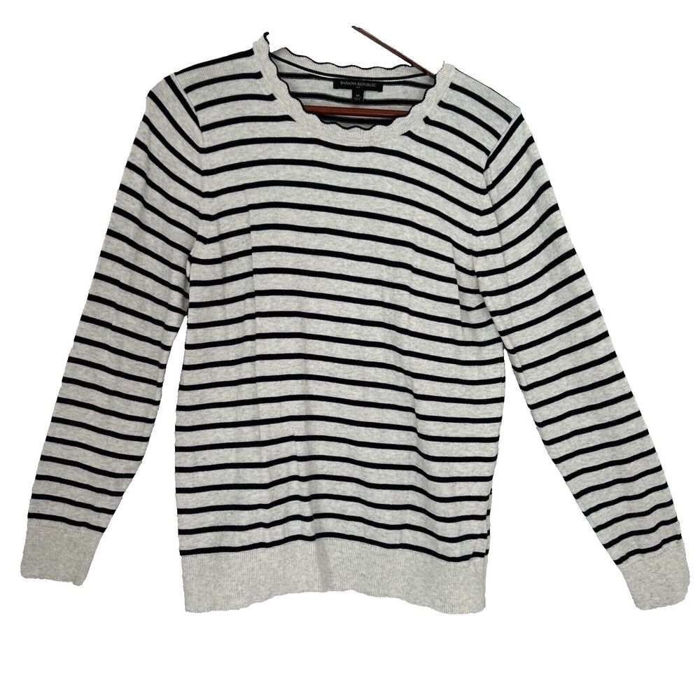 Banana Republic Top Women Medium Gray Black Stripe Preppy Comfy Paris Sweater